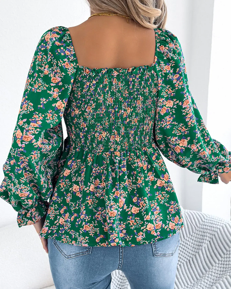 Square Neck Smocked Floral Ruffle Blouse