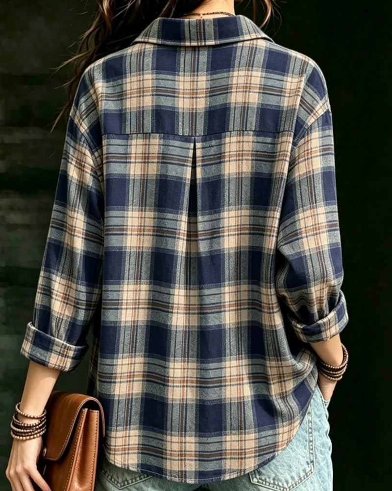 Collared Plaid Long-Sleeve Blouse