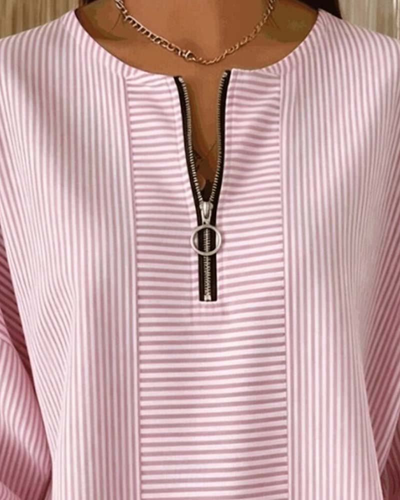 Half-Zip Long-Sleeve Striped Blouse