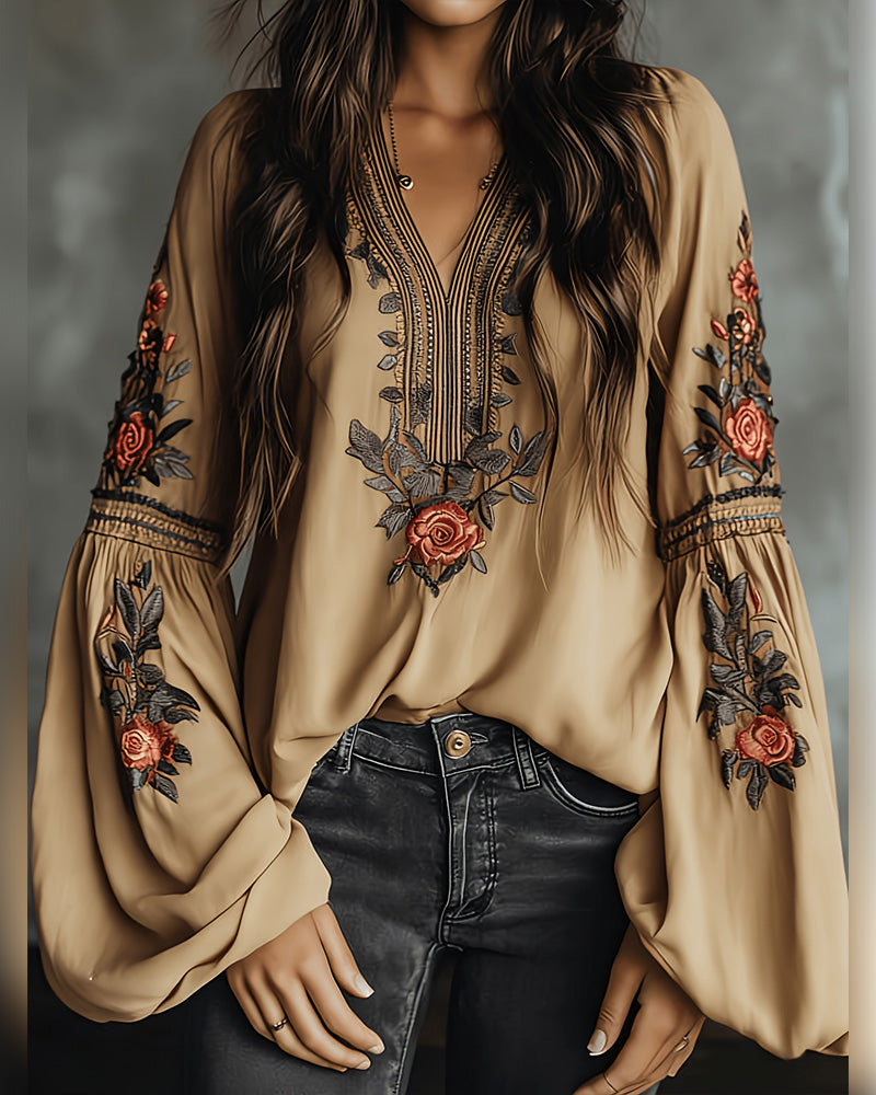 Rose Print V-Neck Bohemian Blouse