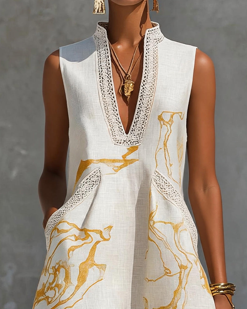 Stand Collar V-Neck Sleeveless Lace Patchwork Dress