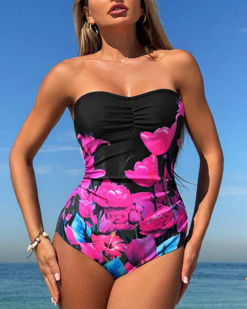 Bandeau Floral Print One-Piece Swimsuit