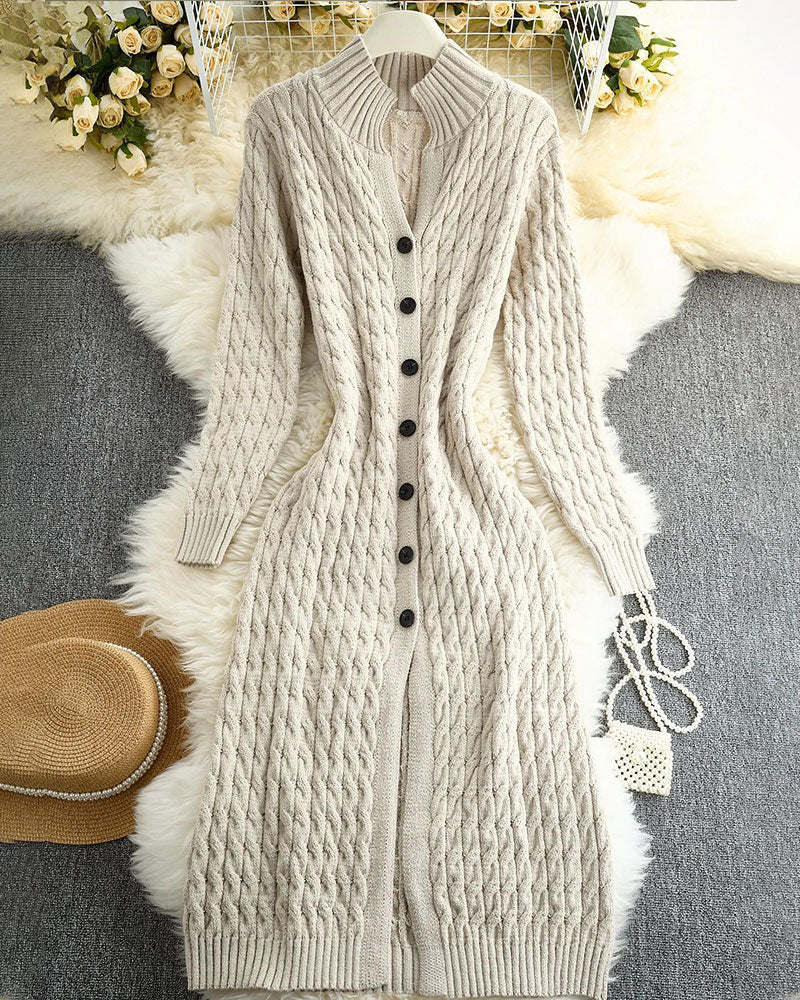 Stand Collar Cable Button Long Cardigan