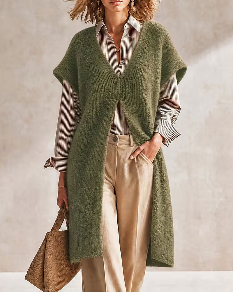 Solid Color V-Neck Sweater Dress