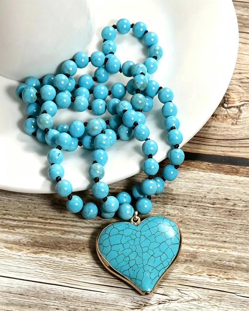 Women's Boho Vintage Turquoise Heart Beaded Pendant Necklace
