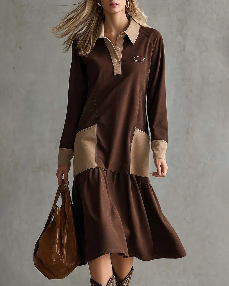 Long Sleeve Lapel Contrast Dress
