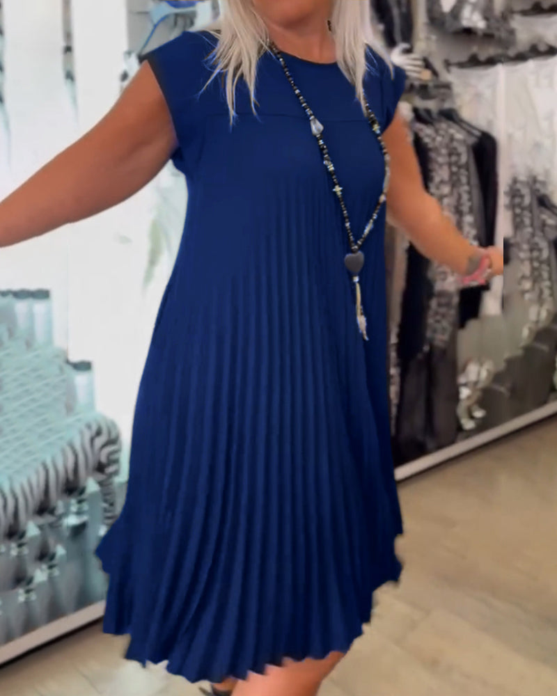 Aumora Round neck solid color pleated casual dress