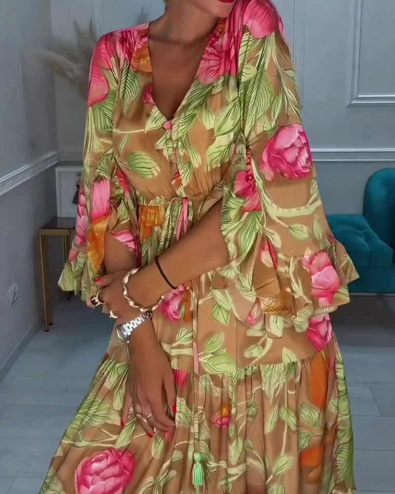 V-Neck Full Skirt Floral Dress