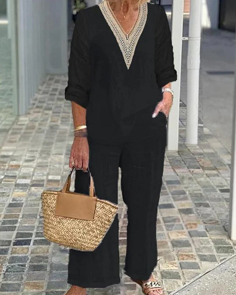 V-Neck Long Sleeve Casual Two-Piece Set