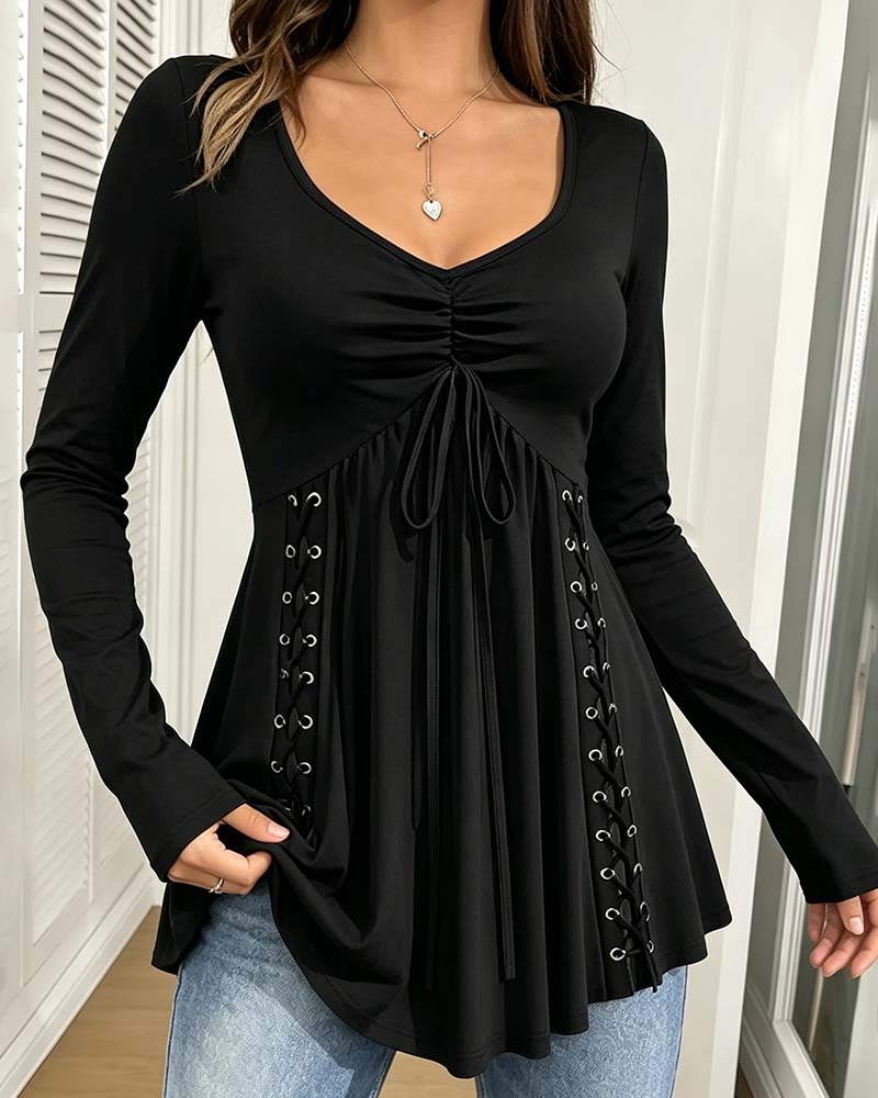 V-Neck Drawstring Long Sleeve Blouse
