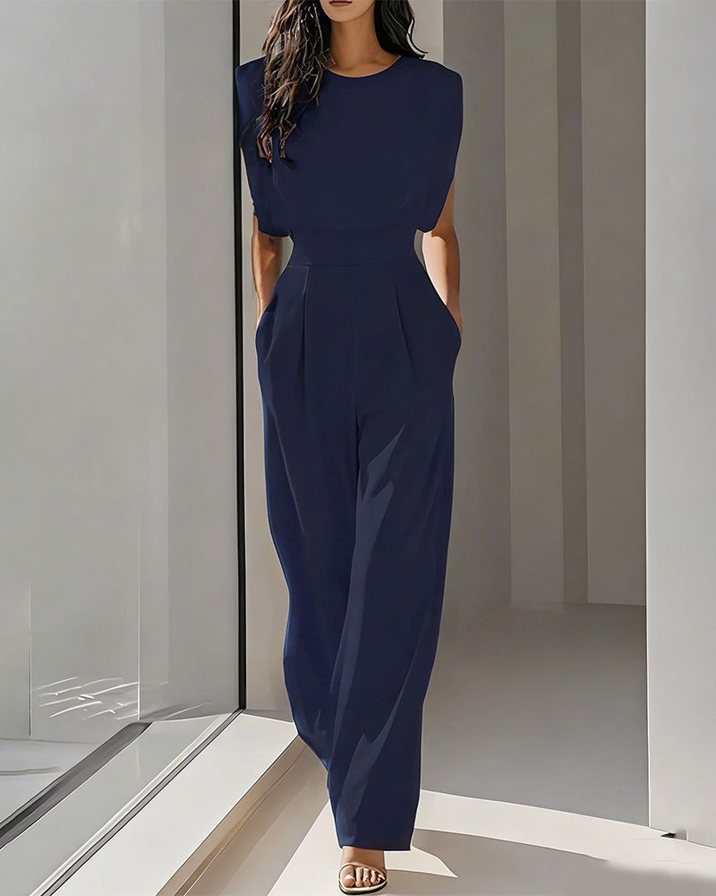 Solid Casual Belted Jumpsuit