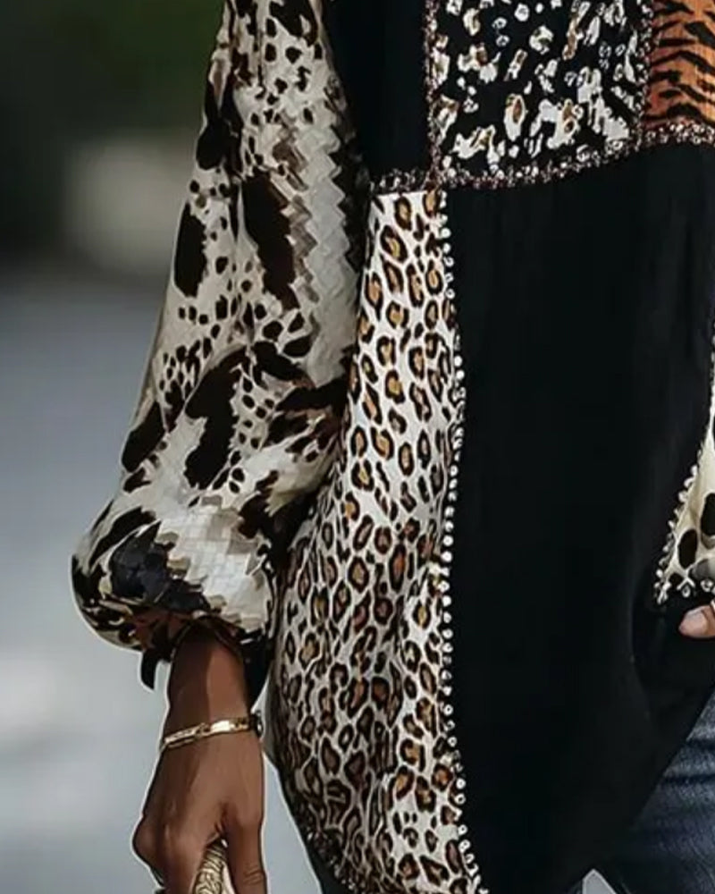 Crew Neck Leopard Tiger Print Contrast Blouse