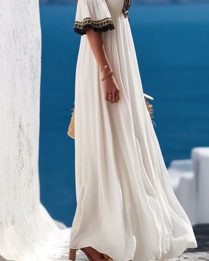 Heavily Embellished Embroidered Off-Shoulder Slit Vacation Dress