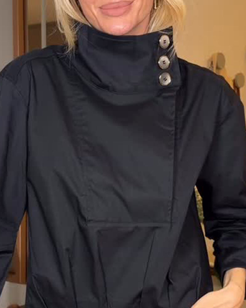 Asymmetrical Stand Collar Diagonal Button Blouse