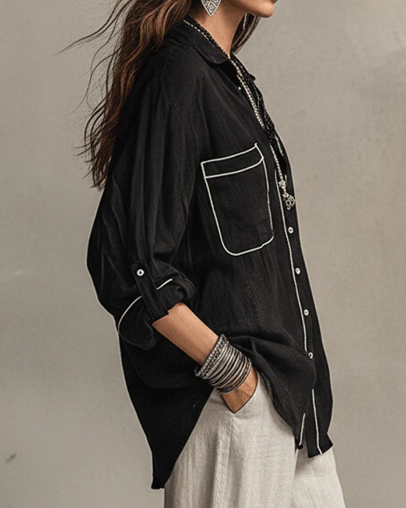 V-Neck Contrast Line Relaxed Shirt