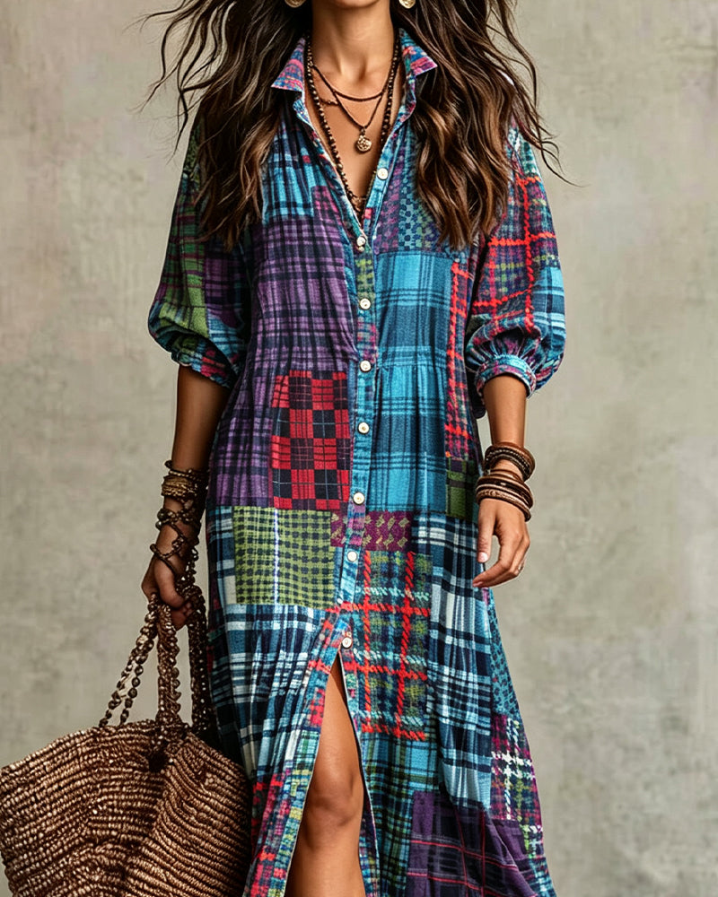 Mid-Sleeve Plaid Slit Shirt Dress