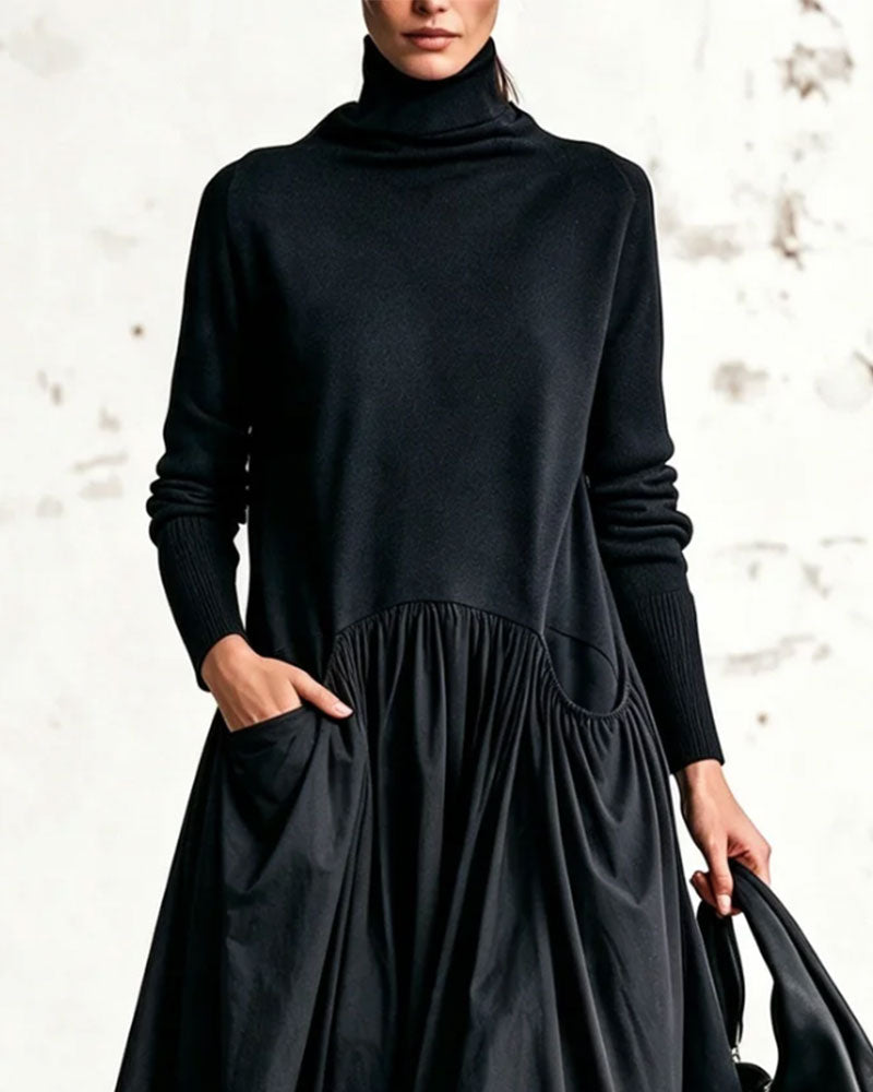 High Neck Patchwork Ruched Long Dress