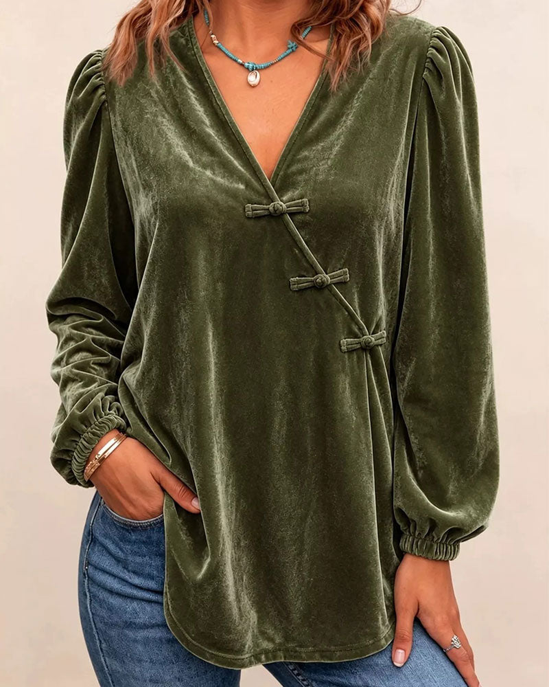 V-Neck Button Front Cross Over Puff Sleeve Blouse