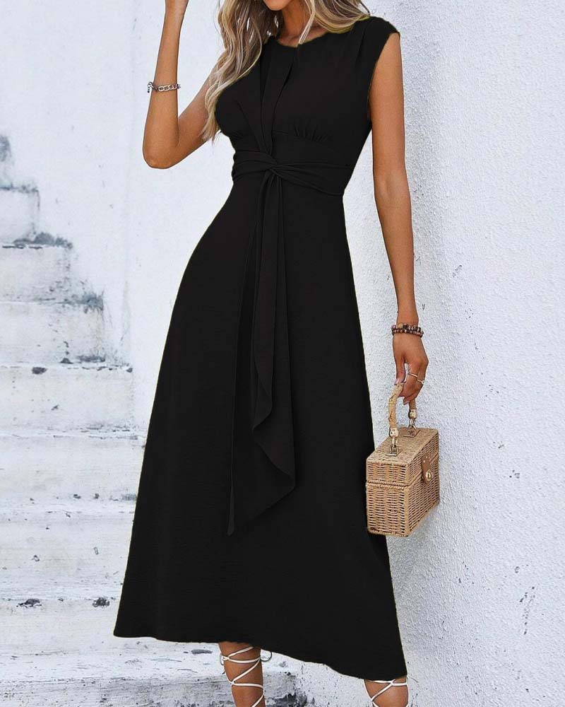 Solid Color Cinched Waist Tie Dress