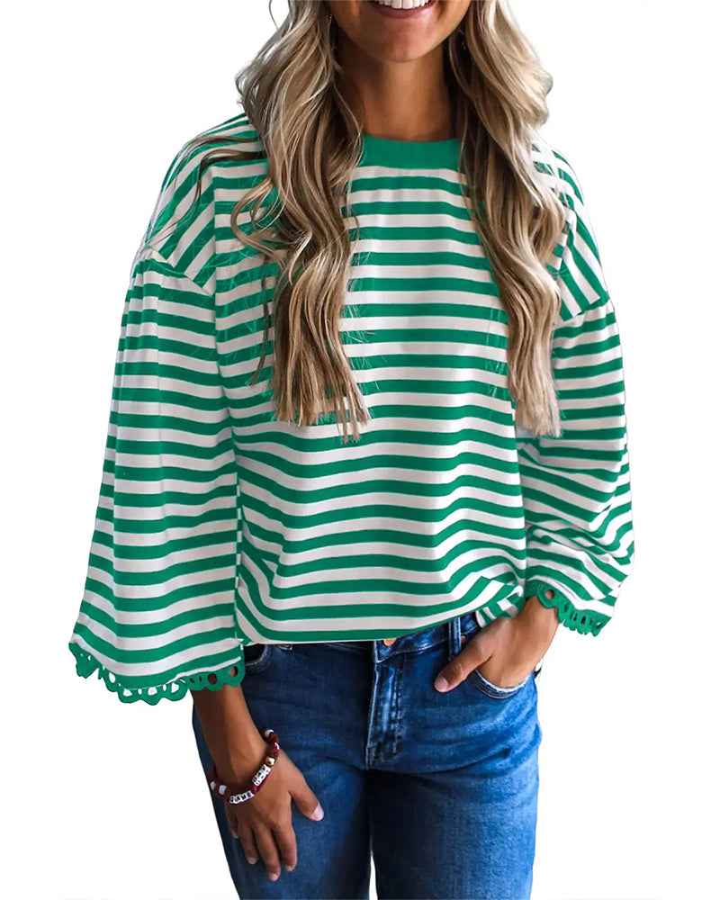 Crew Neck Drop Shoulder Stripe Cutout Blouse
