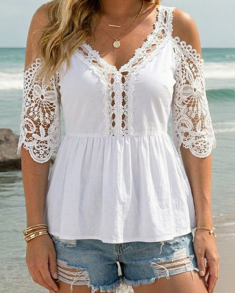 Cold Shoulder V-Neck Lace Patchwork Blouse
