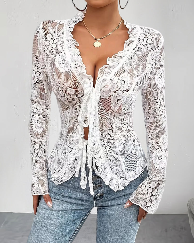 V-Neck Tie Lace Blouse