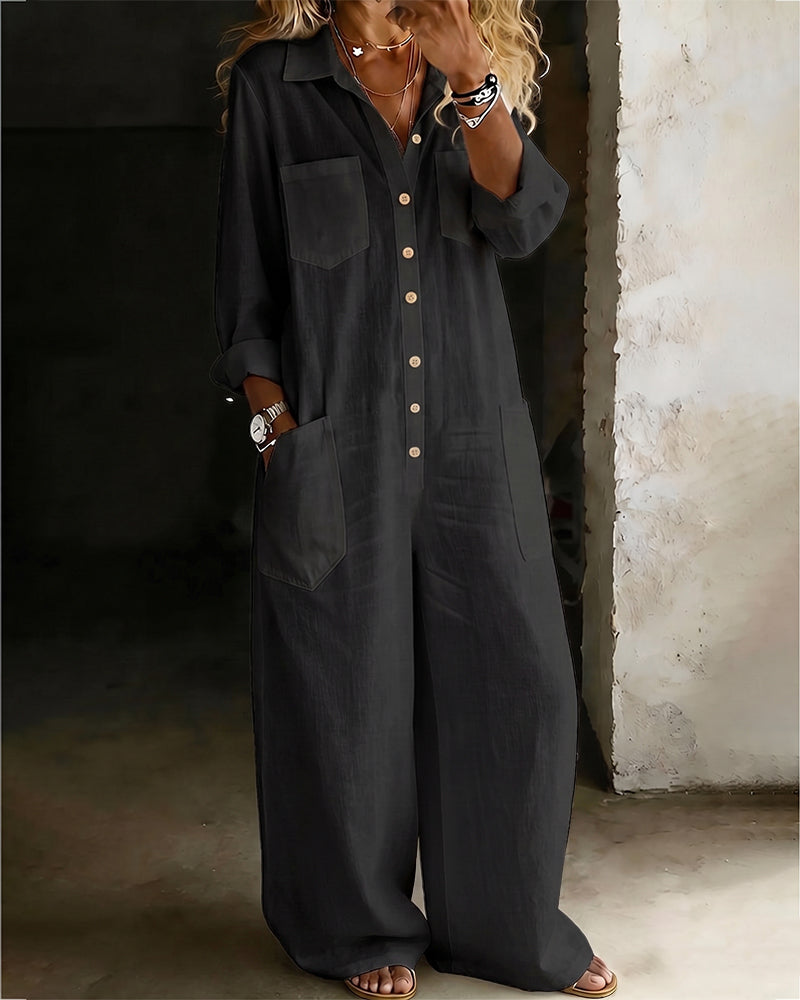 100% Cotton Lapel Collar Casual Wide Leg Jumpsuit