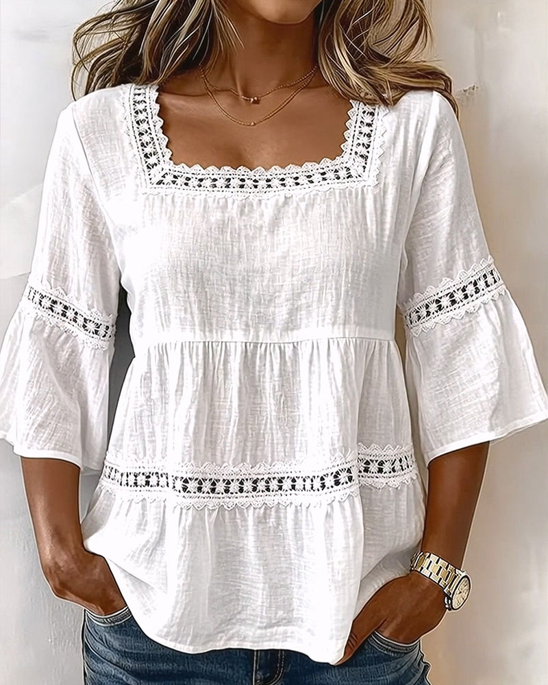 Short-Sleeve Lace-Paneled Square-Neck Blouse