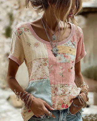 Patchwork Print Short-Sleeve Blouse