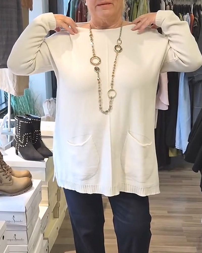 Round Neck Solid Color Pocket Loose Pullover