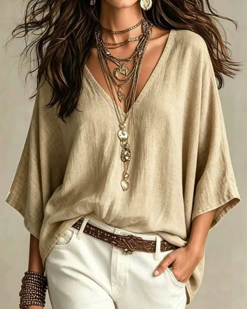 V-Neck Three-Quarter Sleeve Loose Blouse