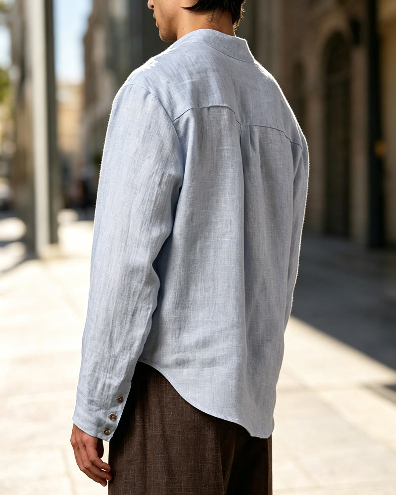 Men's V-Neck Stand Collar Long-Sleeved Casual Shirt