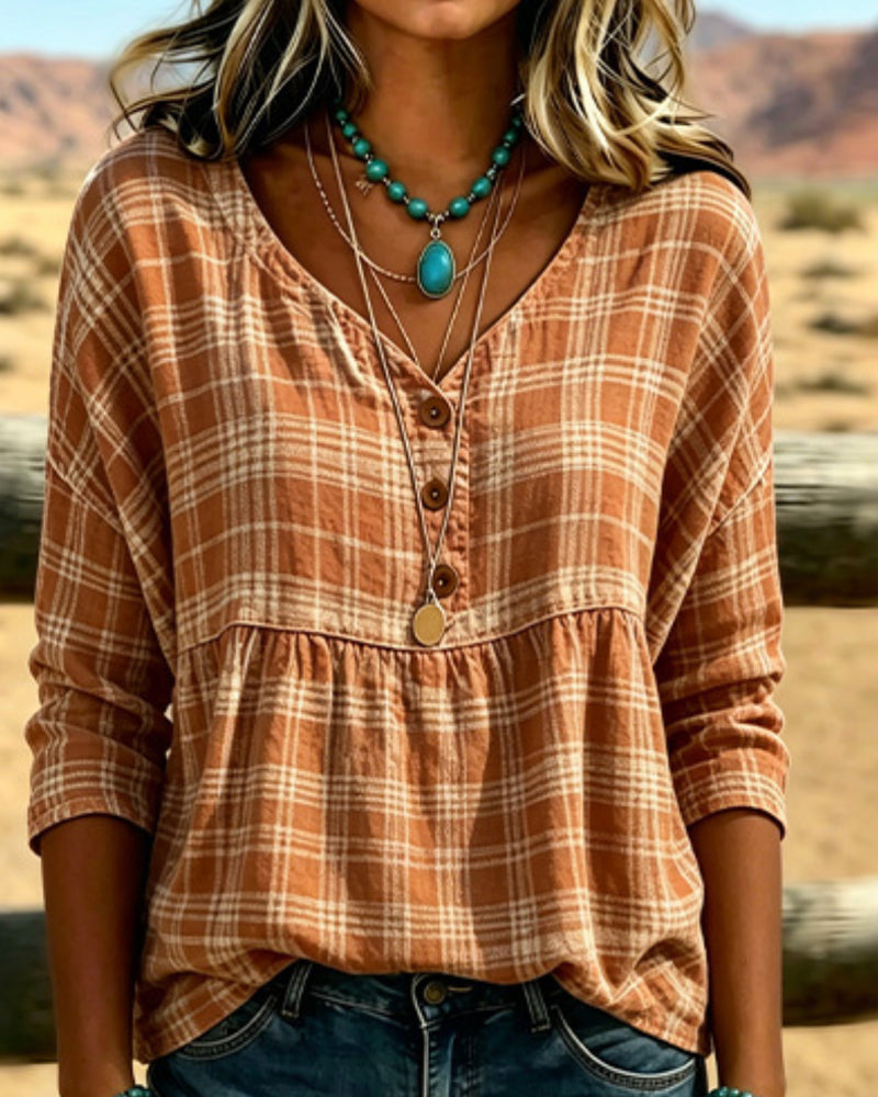 Vintage Plaid V-Neck Blouse