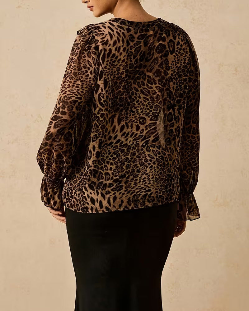 V-Neck Ruffled Leopard Print Blouse