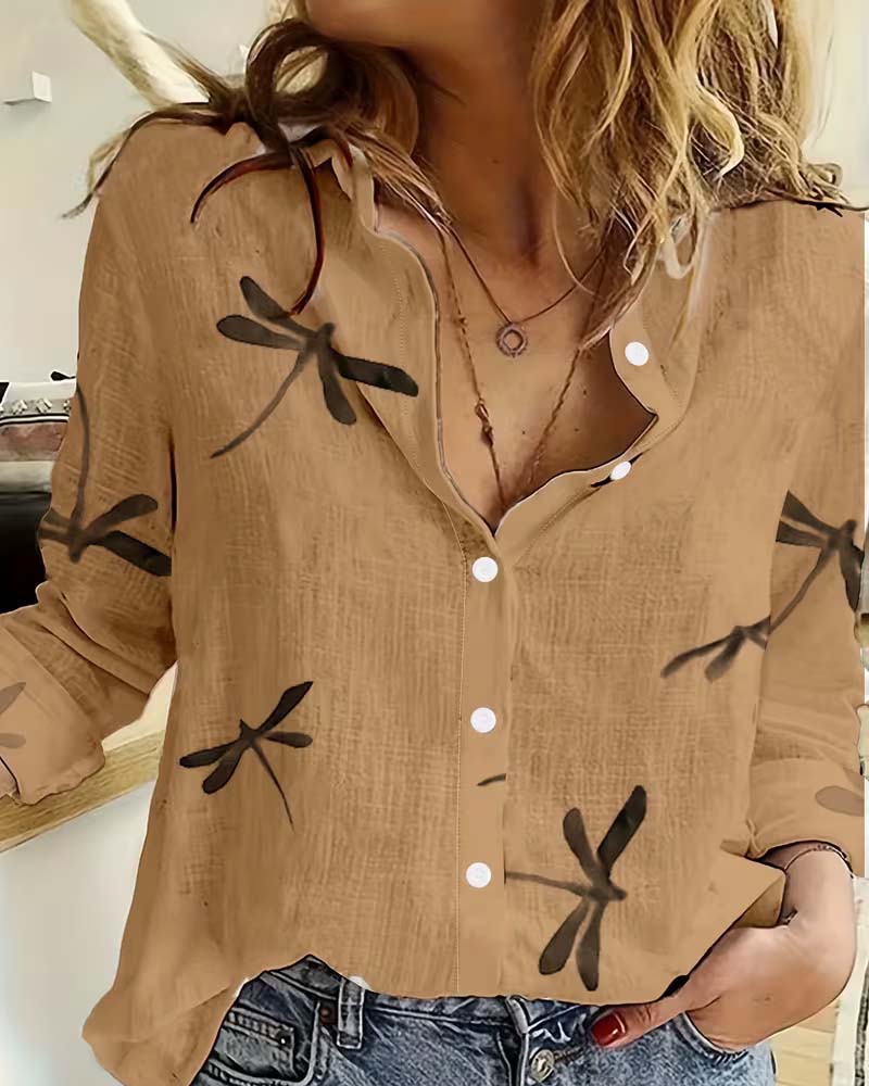 Dragonfly Print Long-Sleeve Blouse