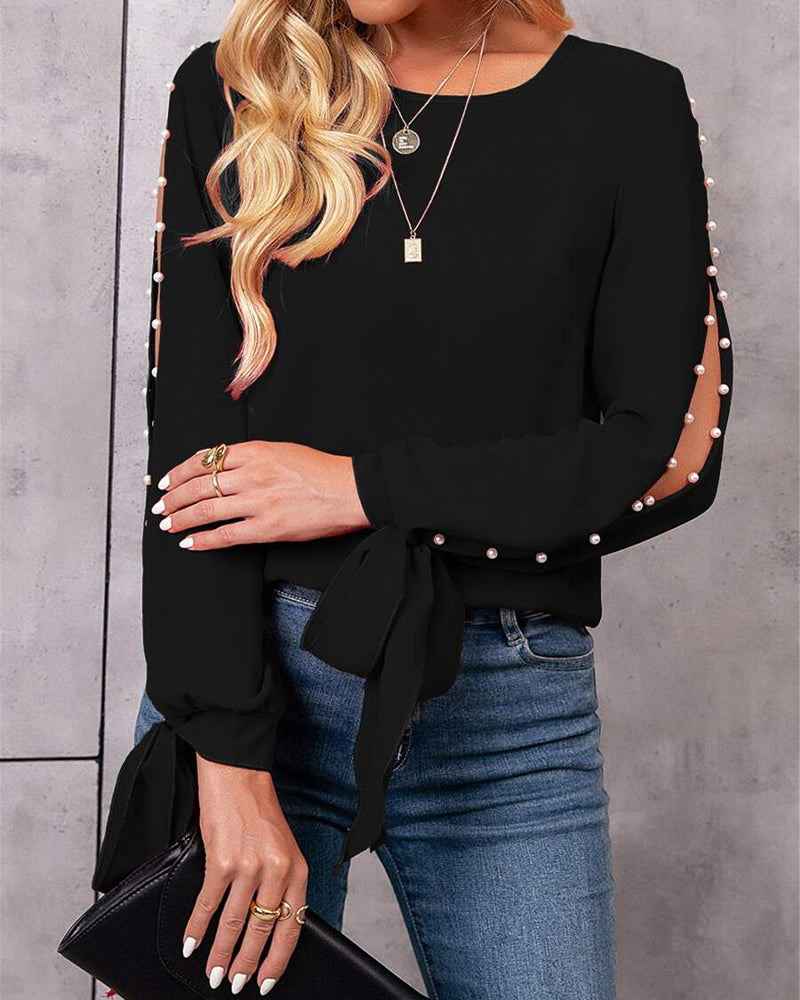 Stylish Solid Color Tie-Up Beaded Top