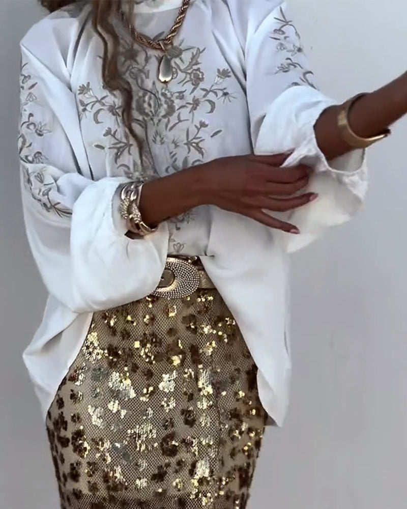 Pullover Printed Balloon Sleeve Blouse