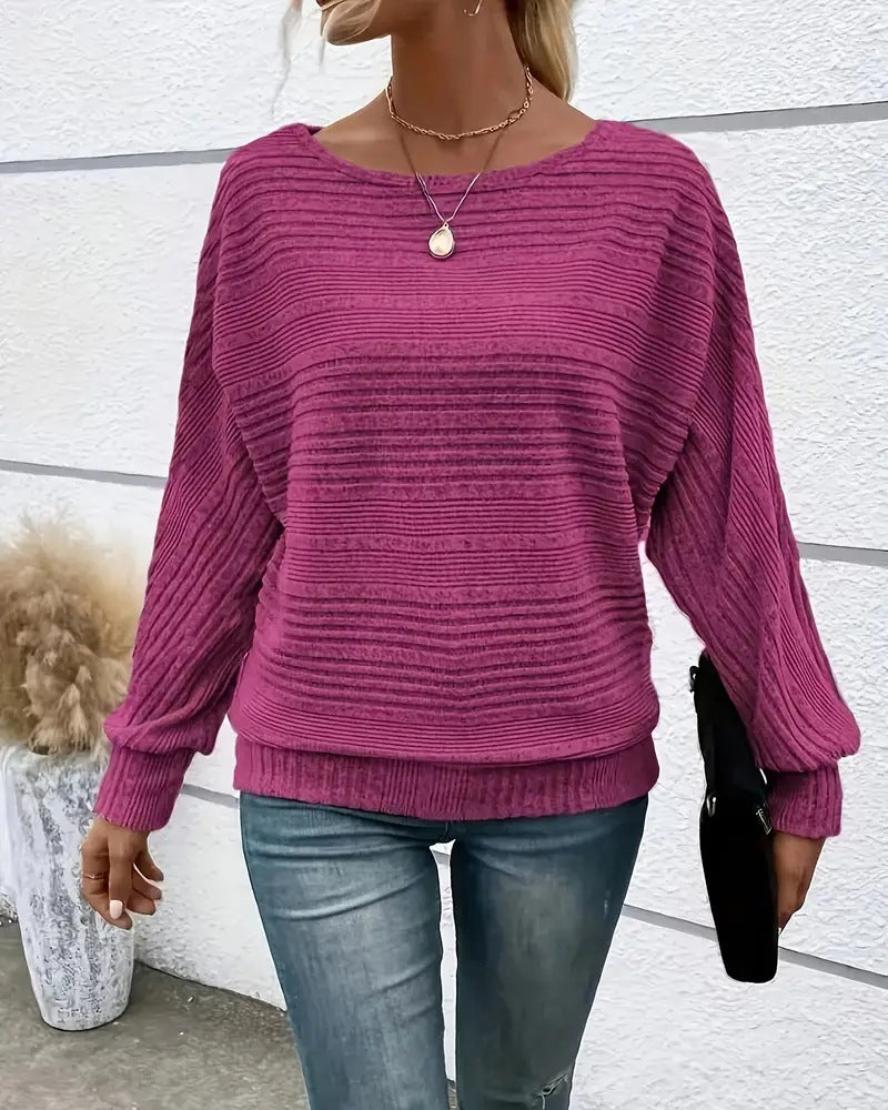 Solid Color Round Neck Long Sleeve Striped Top