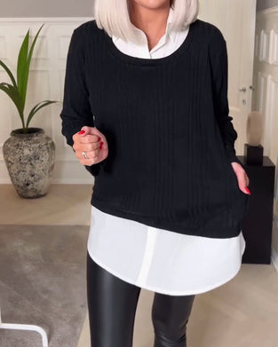 Casual lapel patchwork long sleeve fake two-piece top