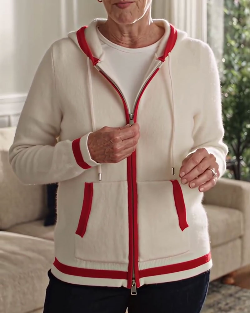 Hooded Full-Zip Contrast Sweater Cardigan