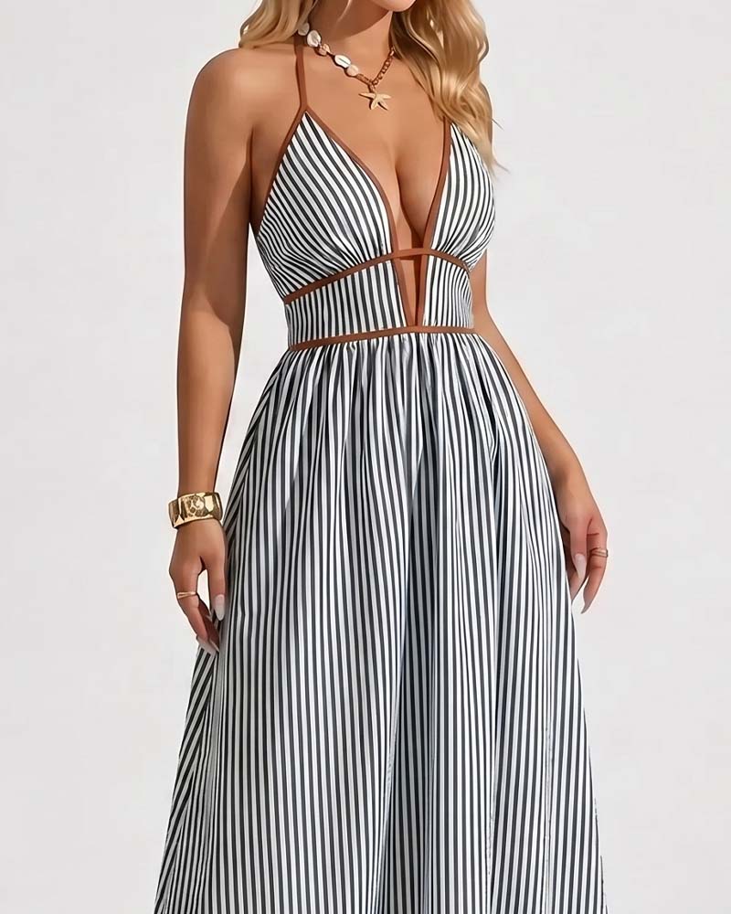 Deep V-Neck Spaghetti Strap Stripe Long Dresses