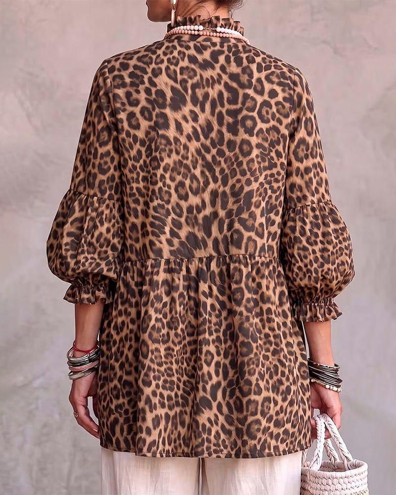 Leopard Print Frill Trim Button Top