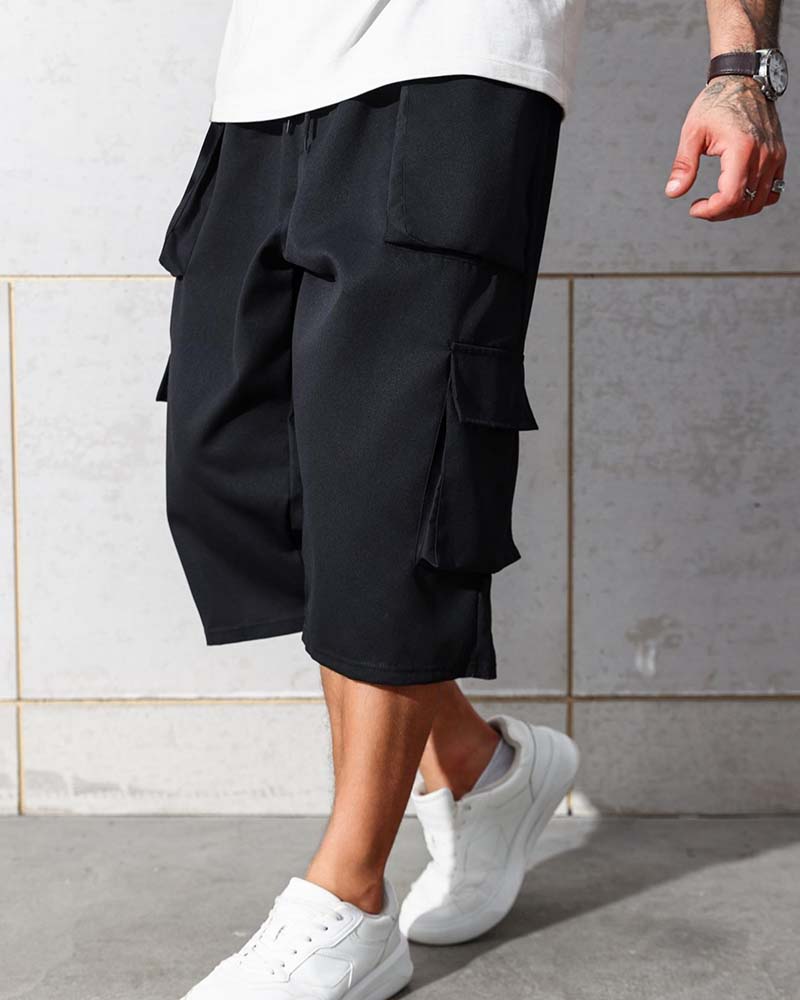 Elastic Waist Pocket Solid Color Cargo Pants