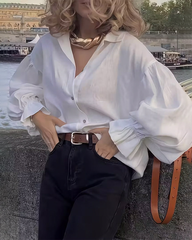 Loose-Fitting Ruffled Shoulder Sleeve Shirt