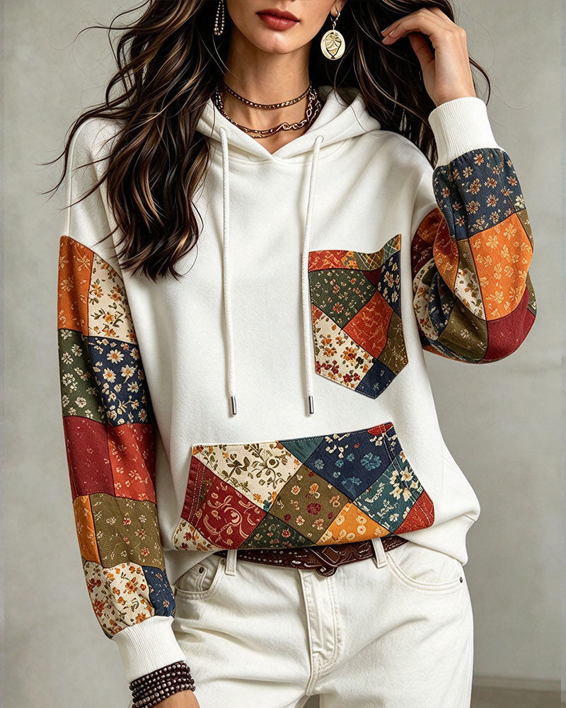 Patchwork Print Hooded Hoodie