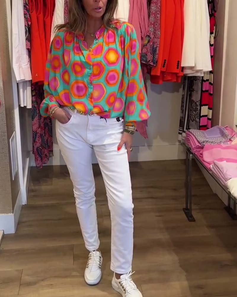 Colorful geometric print stand collar shirt