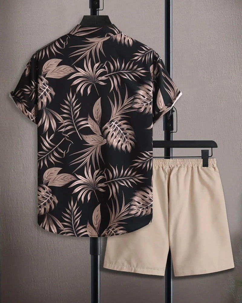 Lapel Palm Leaf Print Short-Sleeve Sets