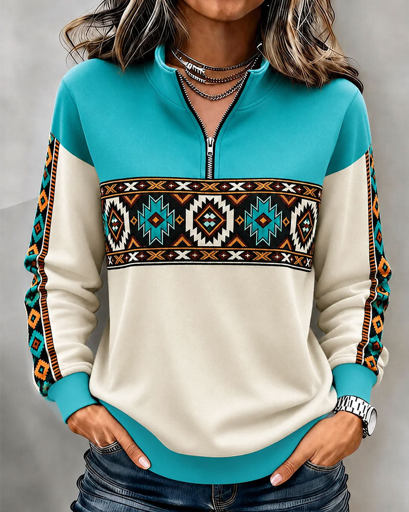 Ethnic Geometric Print Half-Zip Mandarin Collar Hoodie