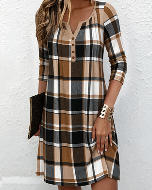 V-Neck Button Plaid Dress