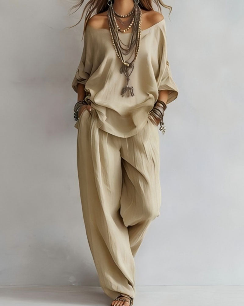 Off-Shoulder Wide-Leg Pants Two-Piece Set